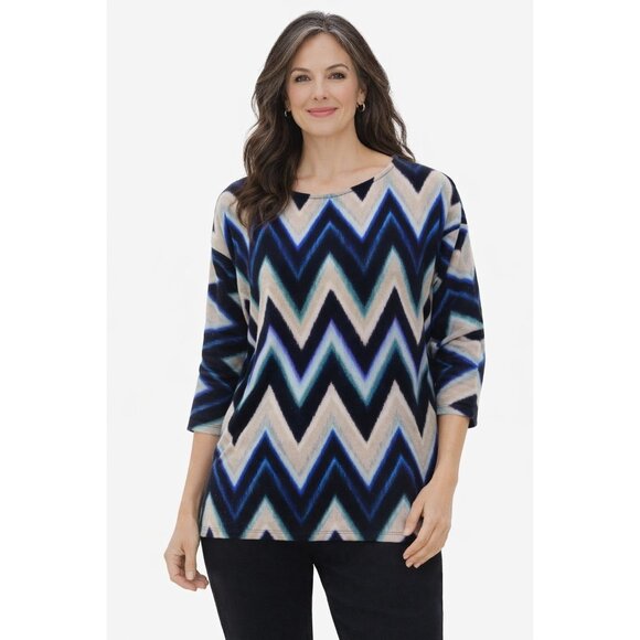 Chico's Tops - Chicos Blue Black Chevron Zig Zag Stretch Knit Top Size 1 Med Boat Neck